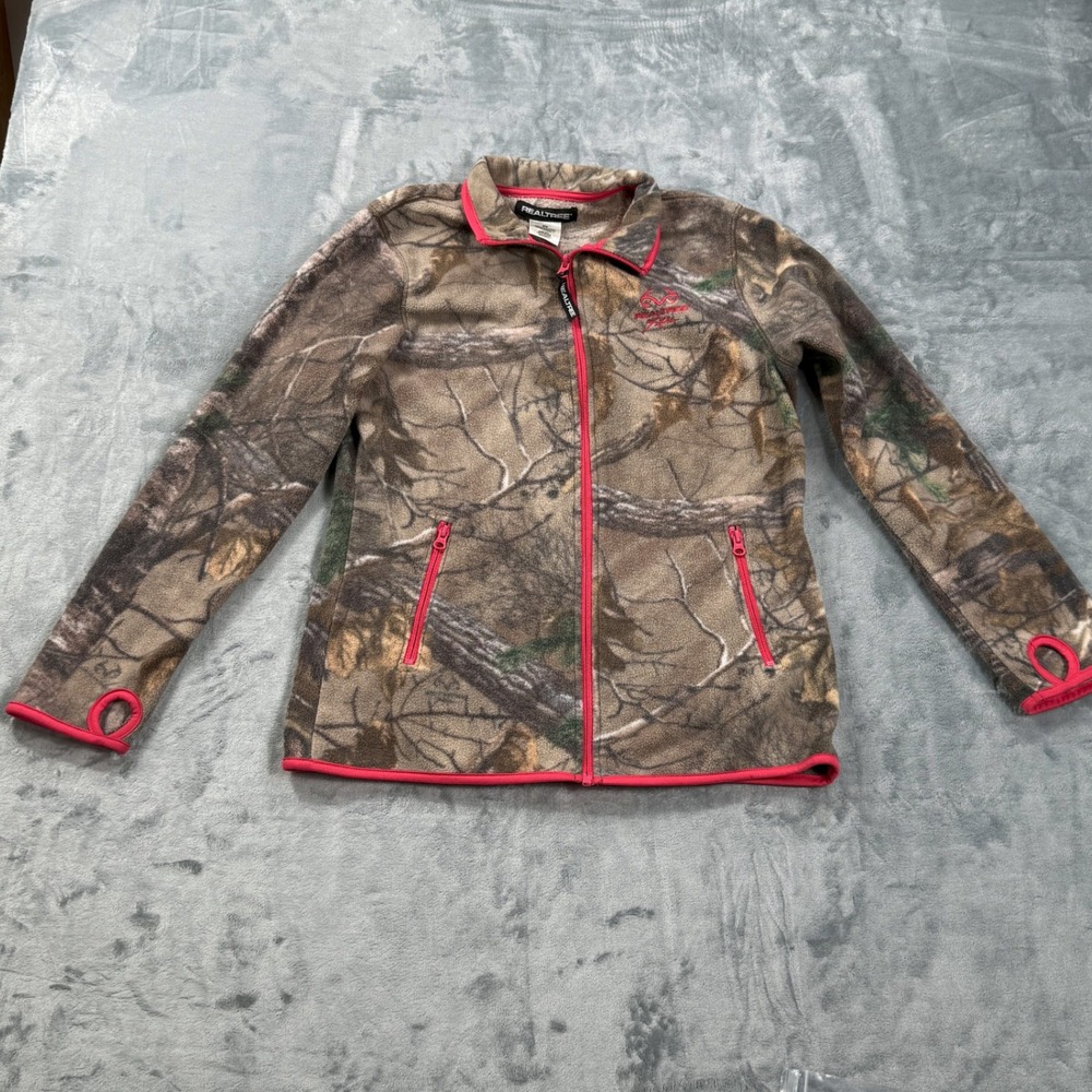 Realtree Xtra Camo Fleece Jacket Womens Small Pink Trim Thumbholes Pockets
